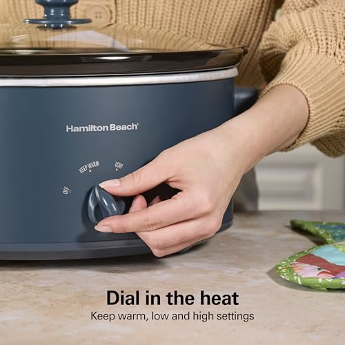 Image of Hamilton Beach 6 Quart Slow Cooker With Space-Saving Folding Handles | 3 Heat Settings | Dishwasher Safe Stoneware Crock & Glass Lid | Kitchen Makeover Blue | 33608
