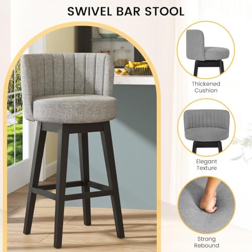 Image of COCO DESIGN 24 inch Gray Swivel Counter Height Stools Set of 4 with Wood Legs | Mid Century Modern Style, Smooth Swivel Design, Linen Upholstered Seat, Sturdy Solid Wood Legs, Counter Height For Island