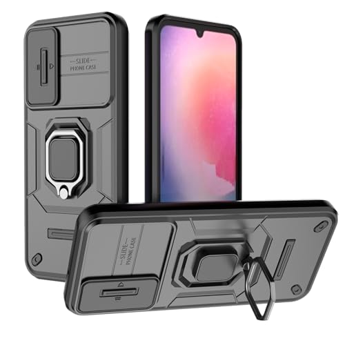 Image of Polycarbonate Camshield Pro Case With Slide Camera Protection And 360 Protection Ring Stand Bumper Back Case Cover For Samsung Galaxy A24 4G (Black)