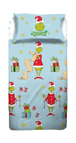 hermet Grinch Lakan för enkelsäng i 100% bomull, set med dubbelsäng 1 säng, överlakan + lakan med hörn + örngott
