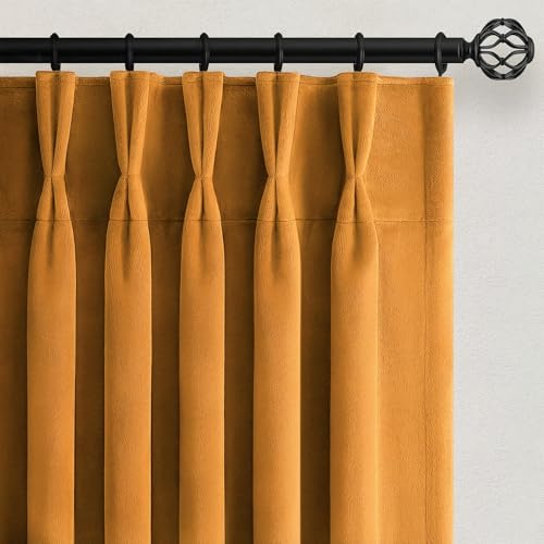 108 Inch Long Mustard Yellow Velvet Curtains 2 Panels Luxury Decorative Pinch Pleated Drapes for Dining Room Bedroom Large Window Extra Long Blackout Thermal Back Tab Window Panels with Hook