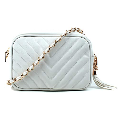 AOSSTA Women's Cross-Body Bag Designer Quilted Shoulder Bag for Women Handbag Tassel With Chain Strap (White, S)
