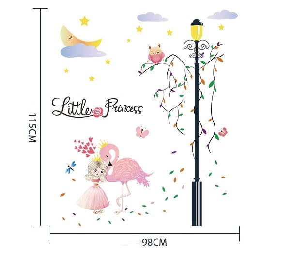 Image of Little Princess Hugging Flamingo Wall Stickers for Kids Room Bedroom Living Door Study Boho Decoration Sticker Baby Boy Girl Playroom Decor, Self-Adhesive, Wall, 90 Cm, 1 Cms