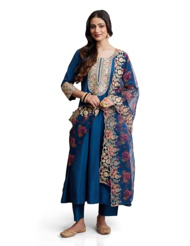 Image of Amazon Brand - Myx Women's Embroidered Anarkali Kurta Suit Set with Organza Dupatta | A-Line Fit (Available in Plus Sizes)