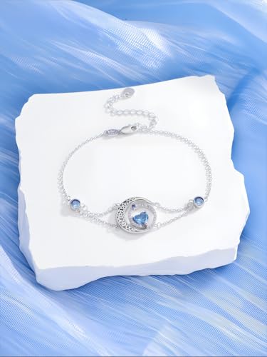 Image of Dorunmo 925 Sterling Silver Moon Heart Birthstone Anklet Bracelets for Women Best Mother's Day Birthday Jewelry for Wife Girlfriend Mom Her
