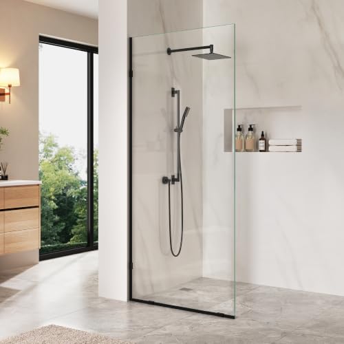 Image of DeerValley 36 inchx78 inch Fixed Glass Shower Panel, 3 /8'' Thick Shower Glass Panel, Frameless Tempered Glass Door, Bathroom Shower Screen with Hardware (Black)