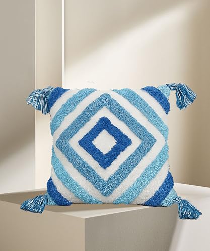 Image of Tarantaran Tufted Decorative Throw Pillow Cover, Blue and White Geometric Pattern with Tassels, 40.6 x 40.6 cm, Modern Square Pack of 2 (Blue Diamond)