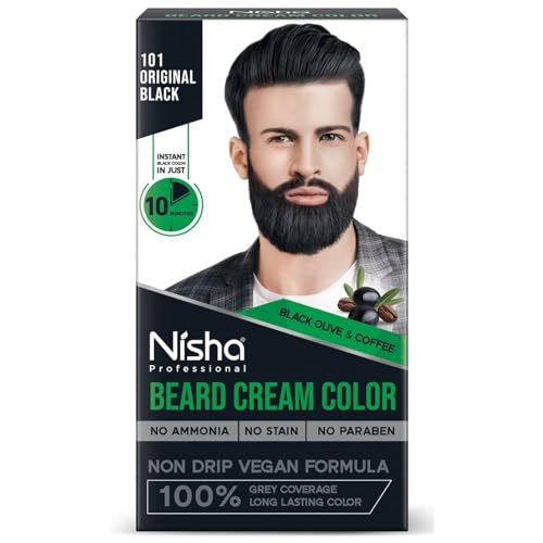 N.i.s.h.a. Beard Colour For Men, Original Black, 100% Grey Coverage, No Ammonia, No Stain, No Paraben, Non Drip Vegan Formula, Long Lasting Color in 10 Minutes, 60g Colorant + 60g Developer