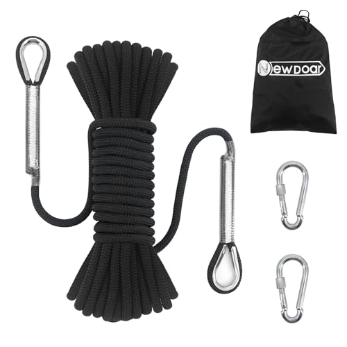 NewDoar 14KN Static Climbing Rope 8mm(5/16in) Accessory Cord Equipment 33FT(10M) 66FT(20M) 98FT(30M) 165FT(50M) Escape Rope with 2 Carabiners for Ice Climbing Equipment Fire Rescue Rope-Black/20M