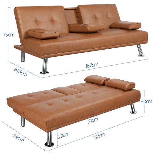Yaheetech 3er-Sofa Schlafsofa Couch mit Tassenhalter Gästebett, Rückenlehne neigbar 105°/140°/180°, 167 x 81,5 x 75 cm, 350 KG belastbar, braun Kunstleder – Bild 4