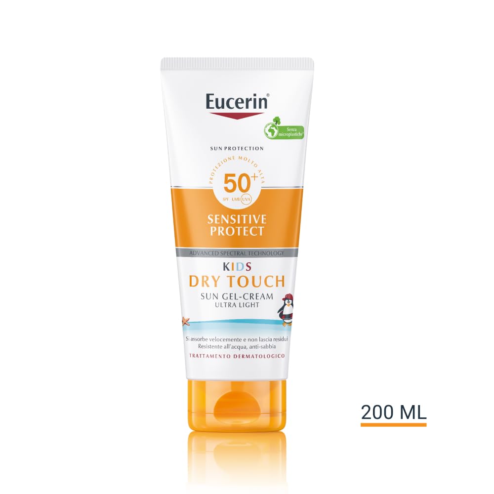 Eucerin Sensitive Protect Kids Dry Touch Sun Gel Cream SPF 50+ 200 ml, Crema solare 50+ bambini con filtri UVA/UVB, Protezione solare 50+ bambini resistente all'acqua, Pelle sensibile, Senza profumo