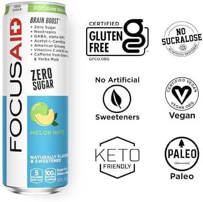 FOCUSAID ZERO SUGAR Energy Blend, Nootropics, Alpha-GPC, GABA, B-Complex, Yerba Mate, Green Tea, 100mg Natural Caffeine, Keto-Friendly, No Artificial Flavors or Sweeteners, 12 Fl Oz (Pack of 24)