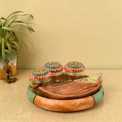 Image of AAKRITI ART CREATIONS Elegant Entertainers Serving & Snacking Set | Warli Art Wooden Tray with 3 Glass & Dhokra Jars | Glossy Multicolor Kitchen & Dining Table Decor