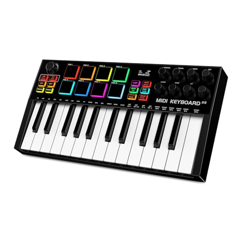 TERENCE Teclado MIDI 25 Teclas Profesional Controlador MIDI Keyboard 500mAh 8 Pads RGB Perilla...