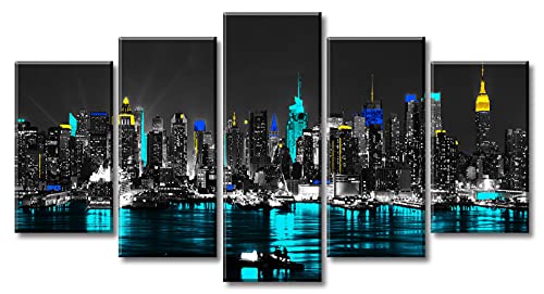 Black And White Wall Art Teal New York City Skyline Canvas Print Modern Manhattan Cityscape Night Scene View Painting Framed Artwork Decor For Bedroom Living Room Bathroom Office, 5 Pieces, 40"W×22"H #TOP25