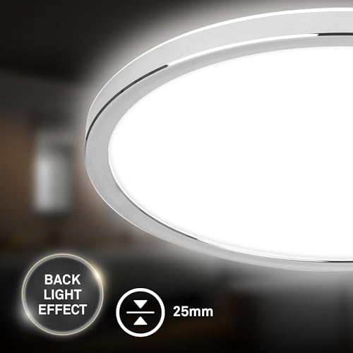 BRILONER - LED Deckenlampe Bad mit indirektem Licht, flach, IP54 Staub- Spritzwasserschutz, Deckenleuchte, LED Panel, Badlampe, Badezimmerlampe, Küchenlampe, Feuchtraumleuchte, 42x2,8 cm, Chrom
