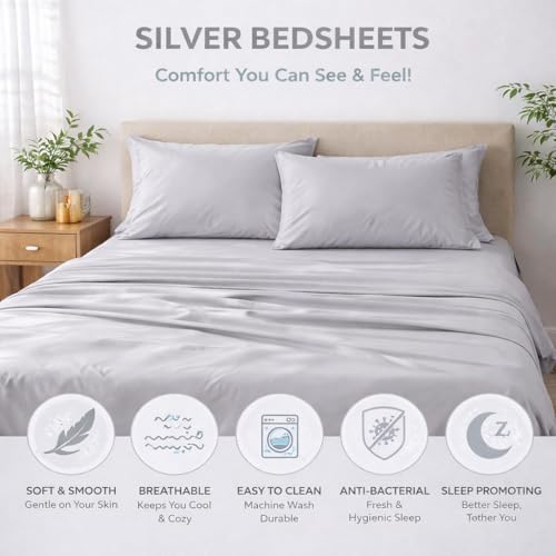 Image of Single Size Bed Sheet - 600 Thread Count Single Flat Sheet Only - Long Staple Egyptian Cotton Top Sheet Wrinkle & Fade Resistant - Silver