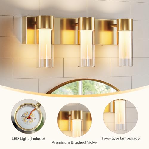 Image of Tribesigns LED Bathroom Light Fixtures, 3-Light Vanity Lights Over Mirror, Wall Lights with 3 Color Modes & Gold Finish, Wall Sconces with Clear Glass Shades for Bathroom Hallway Bedroom
