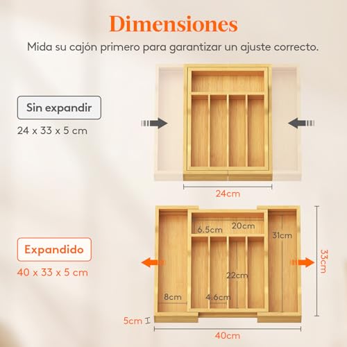 Miniatura 2 de Lifewit Organizador Cubiertos De Bambú Para Cajon, Extensible Bandeja Vajilla 24 A 40 Cm, Profundidad De 33cm, Almacenaje Talheres Para Cocina, Separador Ajustable Para Utensilios Cucharas Herramienta
