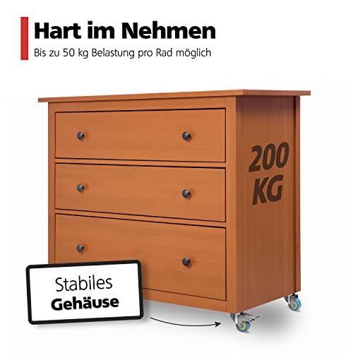 RAVN HAMAN 4er Set Möbelrollen 50 mm - Schwerlastrollen bis 50 kg pro Rad - 2 Räder mit Bremse - Lenkrollen für Innen - Stabile Schwenkrollen - Transportrollen mit Riffelung
