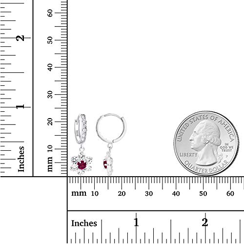 Sterling Silver Rhodium 3.5mm Created Ruby & Created White Sapphire Flower Dangling Huggie Earrings4