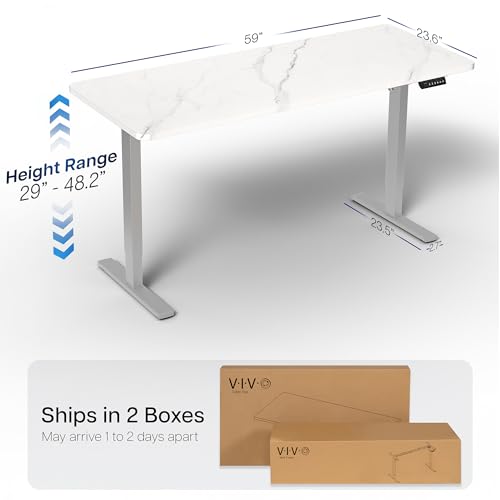Image of VIVO Marble Dry Erase 60 x 24 in Standing Desk, DESK-KIT-1G6WM | Electric, Holds 220 lbs, Sit Stand, Height Adjustable Whiteboard Marble Pattern Table, One-Piece Top, 1B Series, Gray Frame