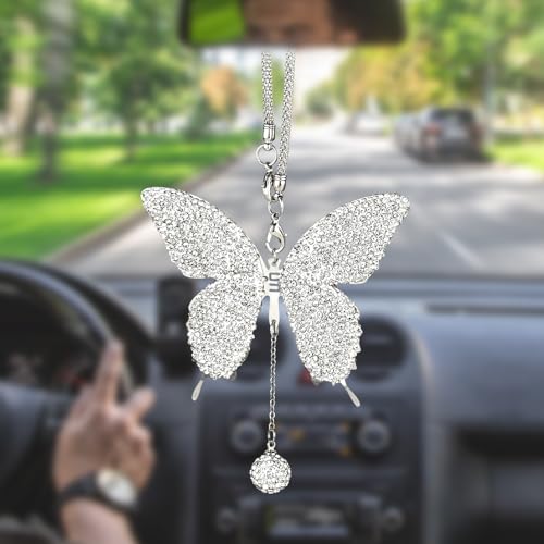 XLIUAX Bling Butterfly Diamond Car Hanging Accessories, Crystal Car Rear View Mirror Charms Lucky Hanging Interior Crystal Ornament Pendant Decor for All Cars(White)