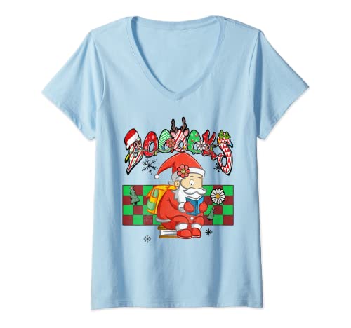 Womens Groovy Christmas Teacher Santa Claus Books Librarian Reader V-Neck T-Shirt