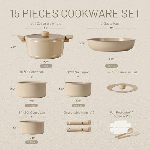 image for CAROTE 15pcs Ceramic Cookware Set, Pots and Pans Set Non Stick, Induct