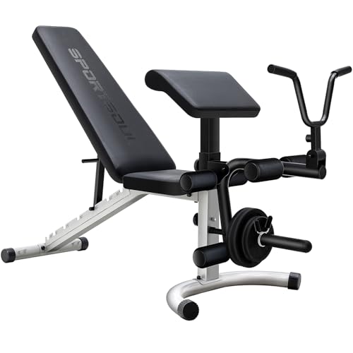 SPORTSOUL Adjustable Weight Bench with Preacher Curl Pad and Leg Extension Professional Utility Heavy Duty Workout Bench Press for Home Gym