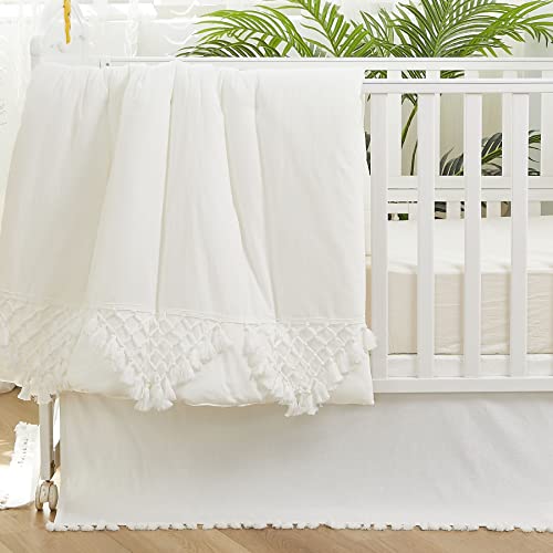 Image of Brandream Gender Neutral Boho Bohemian Baby Girl Boy Nursery Crib Bedding Set 3 Pieces Solid White Farmhouse Chic Unisex Minimalist Tassel Fringe Macrame Cozy 100% Washed Cotton