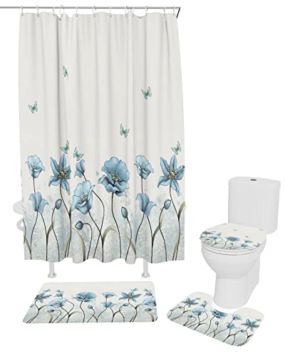 Ewdewwo Spring 4 Piece Shower Curtain Sets With Non-Slip Rugs, Toilet Lid Cover And Bath Mat, Blue Butterfly With Flowers Shower Curtain With 12 Hooks, Durable And Waterproof #TOP1