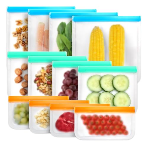 Vosyinm 12 Pack Reusable Freezer Bags Large, BPA Free Silicone Food Bags, Leakproof Silicone Sandwich Bags, Extra-Thick Reusable Snack Bags For Marinate Meats Snack Fruits Veggies Make-up