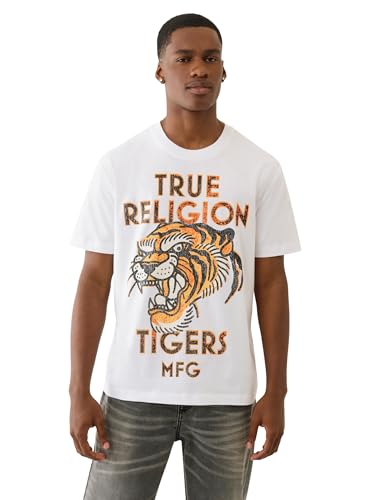 True Religion Men's MFG Tiger Vintage Tee – Graphic Crewneck T-Shirt- Optic White, S