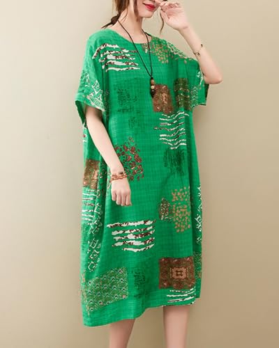 Image of LUZU JUNU Women's Summer Baggy Plus Size Loose Cotton Linen Long Boho Beach Dress with Pockets