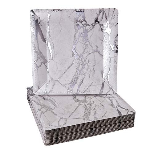 SILVER SPOONS Marble Design Disposable Charger Plates for Party - (10 PC) Heavy Duty Disposable Dinner Set 13”, Square Charger Dishes For Elegant China Look,, Silver