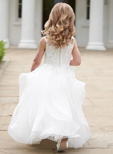 Flower Girl Dress with Waterfall Skirt&Lace Appliques First Communion Dress Girls Pageant Party Ball Gowns T0333