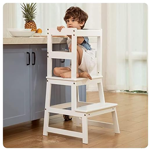 Kitchen Helper Step Stool for Kids and Toddlers with Safety Rail Children Standing Tower for Kitchen Counter, Mothers' Helper Kids Learning Stool, Solid Wood Construction (White)
