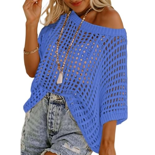 Off Shoulder Sweater Summer Crochet Tops Hollow Out Cap Sleeve Cover Up Lightweight Pullover Beach Vacation Shirt2