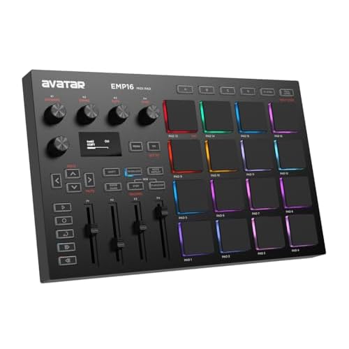 EMP16 MIDI Pad Controller Beat Maker Machine With Bluetooth, 16 RGB Velocity Sensitive Beat Pads, 16 Level, Full/Half Level, OLED Display, MIDI In/Out
