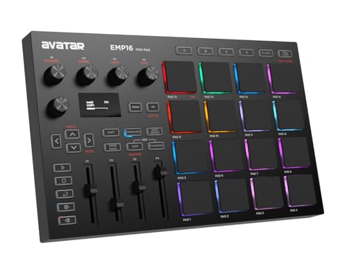 emp16 midi pad controller beat maker machine with bluetooth 16 rgb velocity sensitive beat pads 16 level fullhalf level oled display midi inout