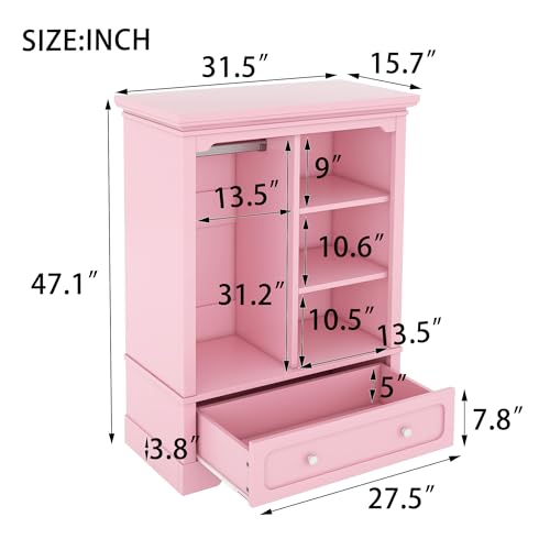 Bnyifoqi Open Children's Wardrobe with a Hanging Rod and Open Shelves, one Large Drawer, Low Design Close to The Ground for Easy Access,Pink. (Pink)