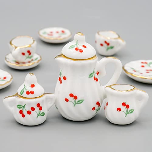 Odoria 1/12 Miniature Porcelain Tea Set 15Pcs Dollhouse Decoration Accessories, Cherry #TOP2