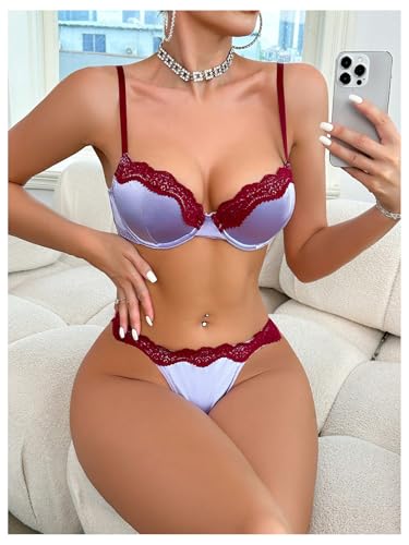 SOLY HUX Women's Lace Trim Lingerie Sexy Underwire Push Up Bra and Panty 2 Piece Set4