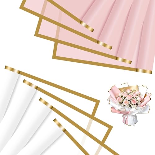 jwtyu 40 Blatt Blumen Papier Rosa und Weiß Blumenpapier 57x57cm Blumenstrauß Papier Wasserdicht Papier für Blumenstrauß Geschenkboxen Schmücken und DIY