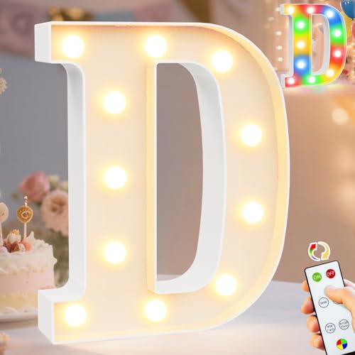 Image of Pooqla LED Light Up Letters, Warm White and Colorful Lighted Marquee Letters with Remote, Lighted Letter for Party Birthday Decorations, Gift for Girls Boys Night Light, Wedding Home Decor, Letter D