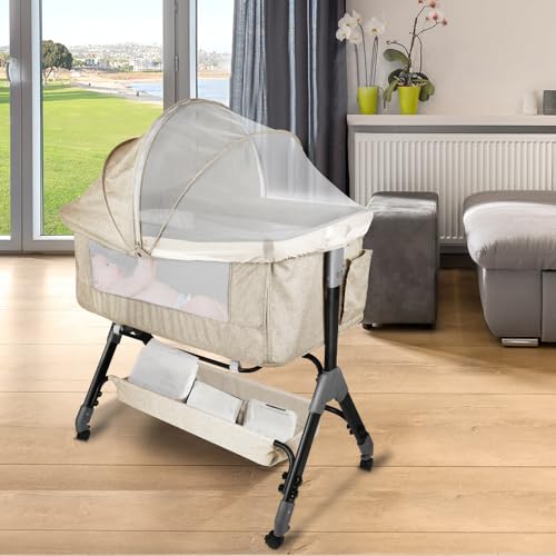 Huole Cuna Para Recién Nacido, Sostenible, Compatible Con Diferentes Camas, Altura Ajustable 4 Alturas , Inclinable, Buena Circulación De Aire, Colchón Incluidos-104 52 100-110cm-Blanquecino
