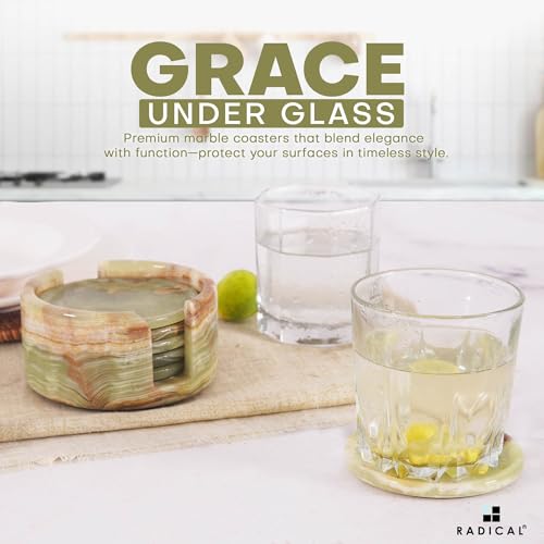 Radicaln Marble Coaster Set Round 3.5\" Inches Green Onyx Handmade Stone Drink Coasters Set of 6 with Holder for Coffee Table and Dining Table Decor