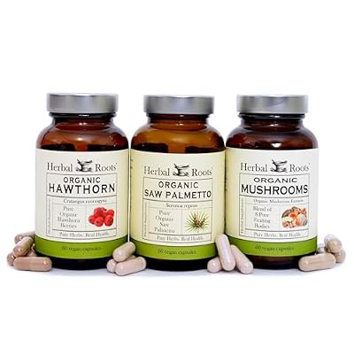 Herbal Roots Organic Men's Health Supplement Bundle, Saw Palmetto, 8 Blend Mushrooms, Hawthorn, Heart and Prostate Support