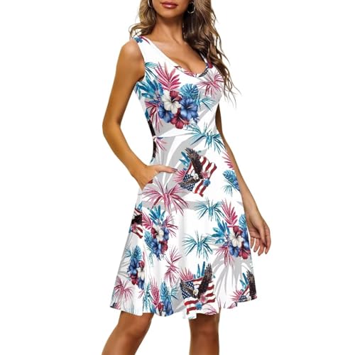 Image of Women's Casual Loose Sundress Midi Sleeveless Crewneck Dress Summer Beach Tank Dress with Pockets